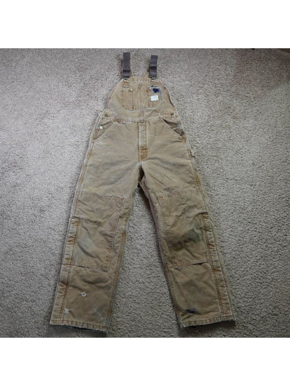 Carhartt Duck Overalls R27 BRN Mens 32x28 Brown Canvas Bib Heavy Duty Workwear